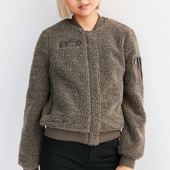 UO BDG Cozy Teddy Bomber Jacket Brown Size Small - Picture 3 of 11